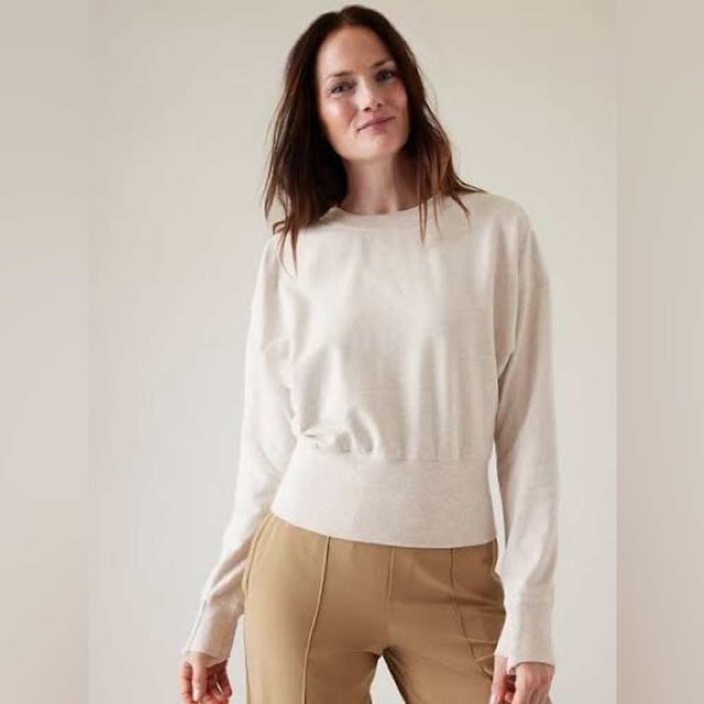 Athleta Retroterry Crewneck Sweatshirt S Toasted Oatmeal Tan Dolman Sleeve EUC